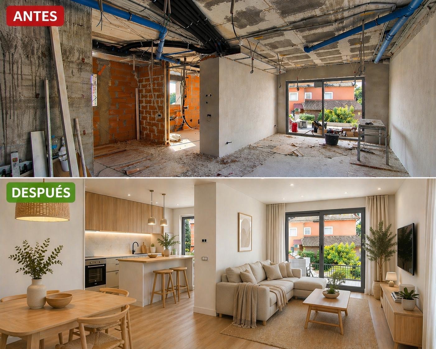 Reforma de salón-cocina antes/después